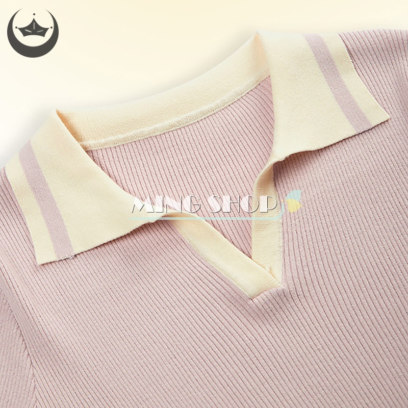 Ming mùa hè phong cách preppy phụ nữ màu tương phản ve áo ngắn tay áo dệt kim t-shirt cắt top th