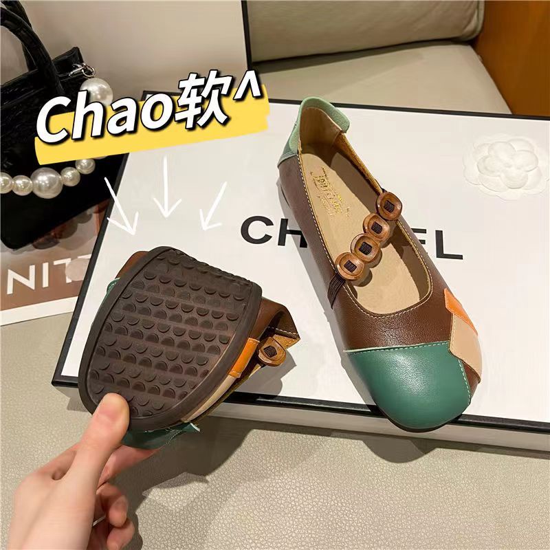 Da thật đế mềm phong cách mới giày đế gân bò mẹ giày da mùa xuân thu giày da phong cách dân tộc giày nữ thoải mái phẳng retro giày đơn
