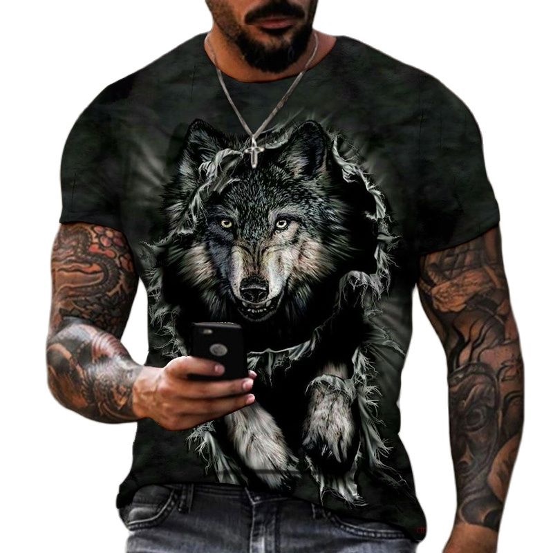 Mùa hè mới 3d in hình con thú sói thời trang thông thường thoáng khí cổ tròn tay ngắn t-shirt