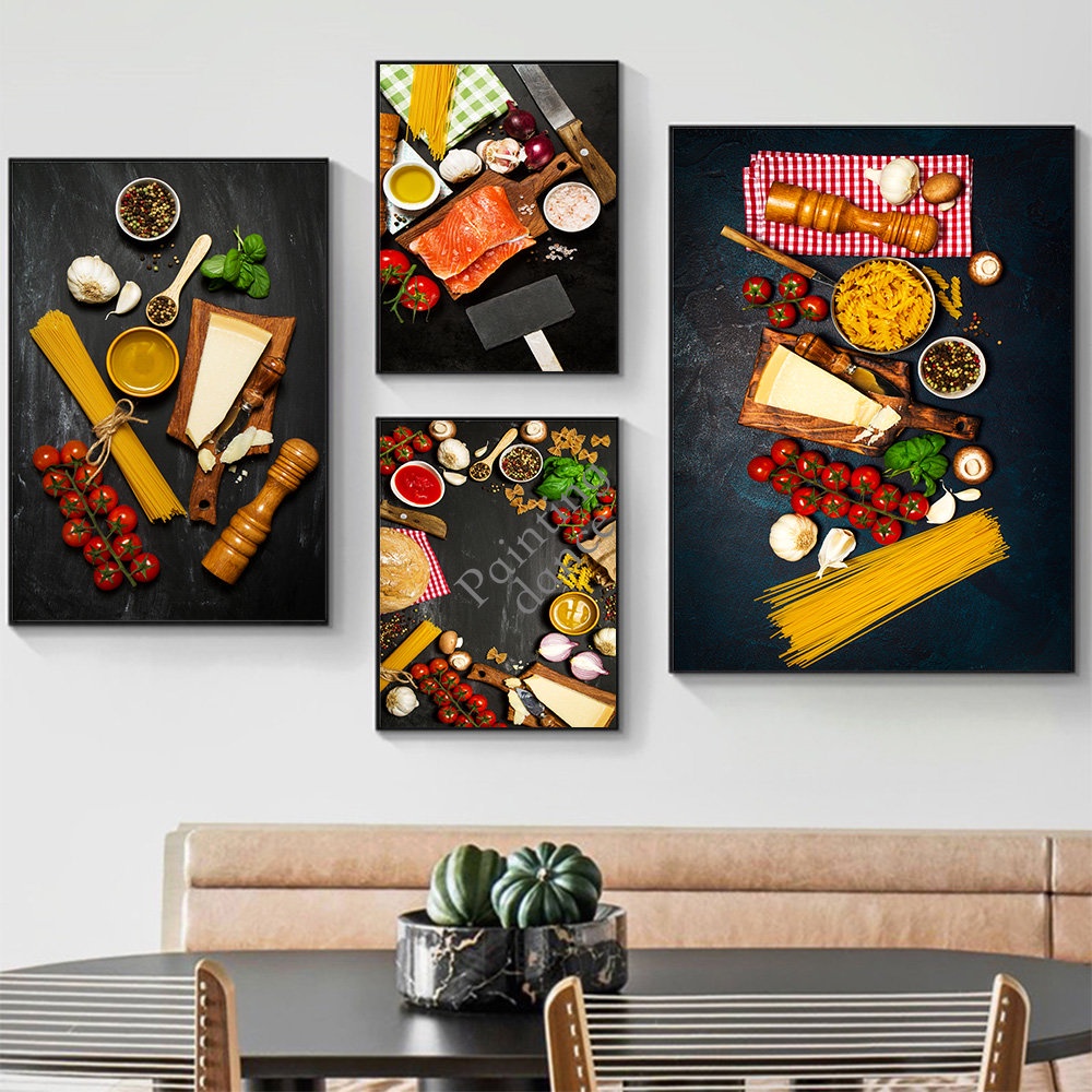 Mì ống thô với cà chua và phô mai áp phích in pizza với thịt thực phẩm tường nghệ thuật tranh canvas cho phòng bếp trang trí nội thất