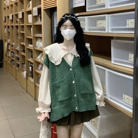 nữ đại học dệt kim vest + sinh viên phiên bản hàn quốc lỏng vừa vặn chiều dài trung bình toptwo piece set