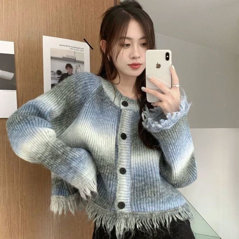 Màu tương phản cầu vồng áo khoác cardigan nữ áo len rời dài tay áo dệt kim hàng đầu