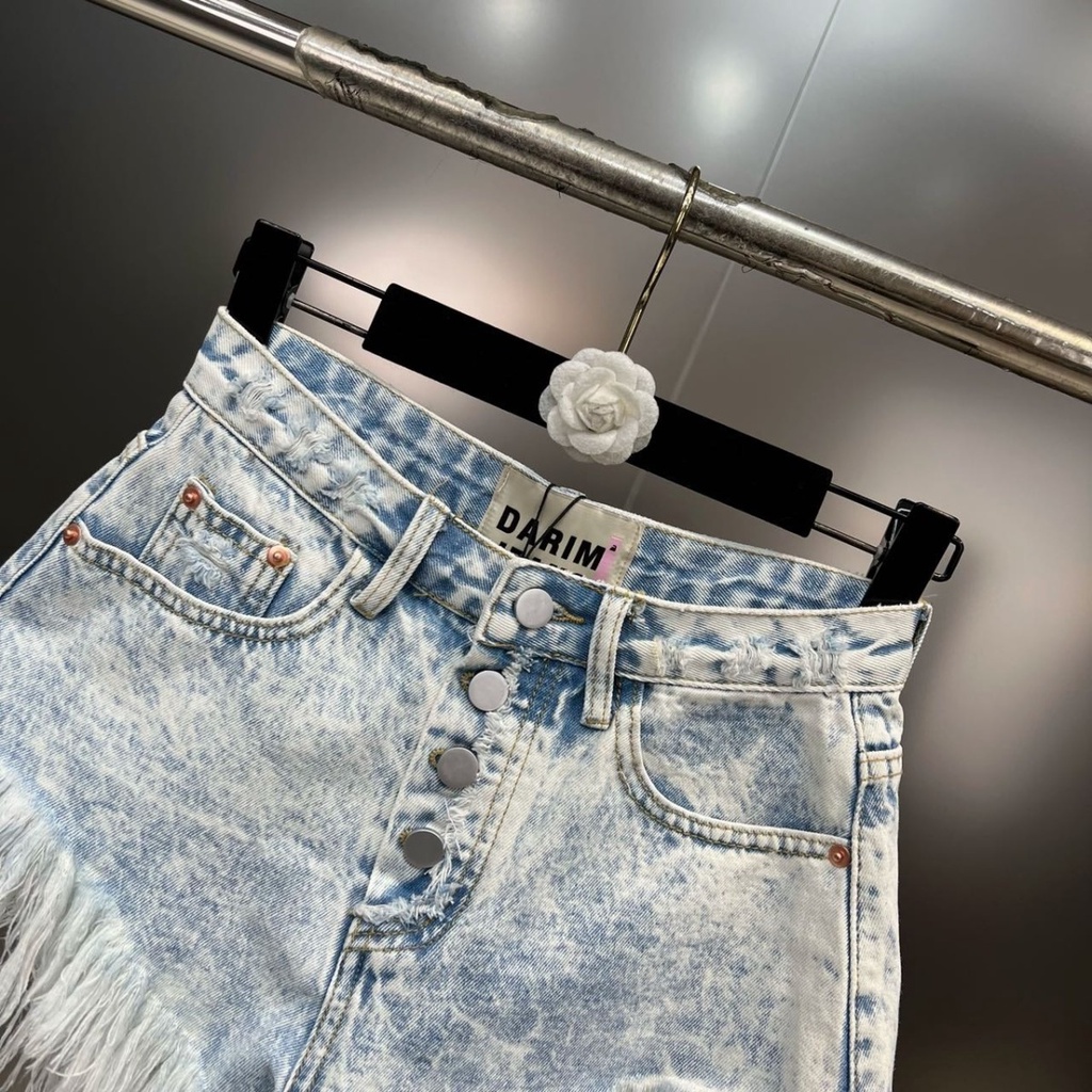 Quần Short denim Lưng Cao Đính Núm Tua Phong Cách Âu Mỹ Thời Trang Mùa Hè 2023