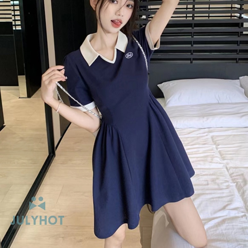 Mùa Hè Mát Mẻ Màu Sắc Tương Phản Phụ Nữ Ăn Mặc Lần Lượt Xuống Cổ Áo Ngắn Tay Áo Mini Dresses VN