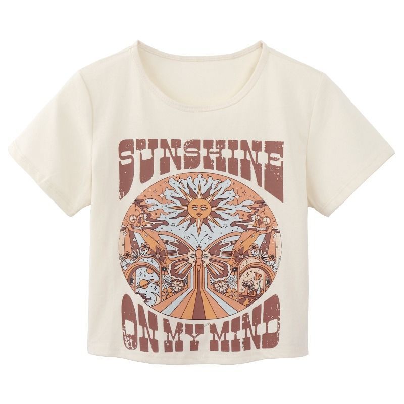 GgFashion Áo Thun Baby Tee Nữ Cổ Tròn Hè Tay Ngắn Phong Cách Retro, Thời Trang Xinh Xắn