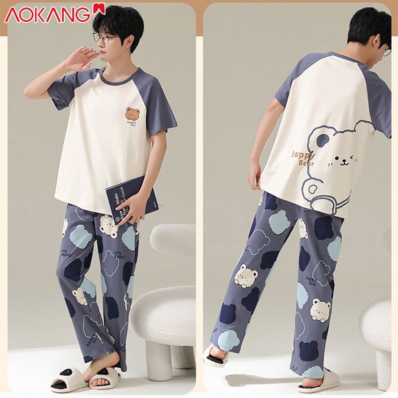Aokang nam ngắn tay + quần tây cotton tinh khiết phiên bản hàn quốc đơn giản và có thể mặc bên ngoài bộ đồ ngủ cặp đôi phục vụ tại nhà