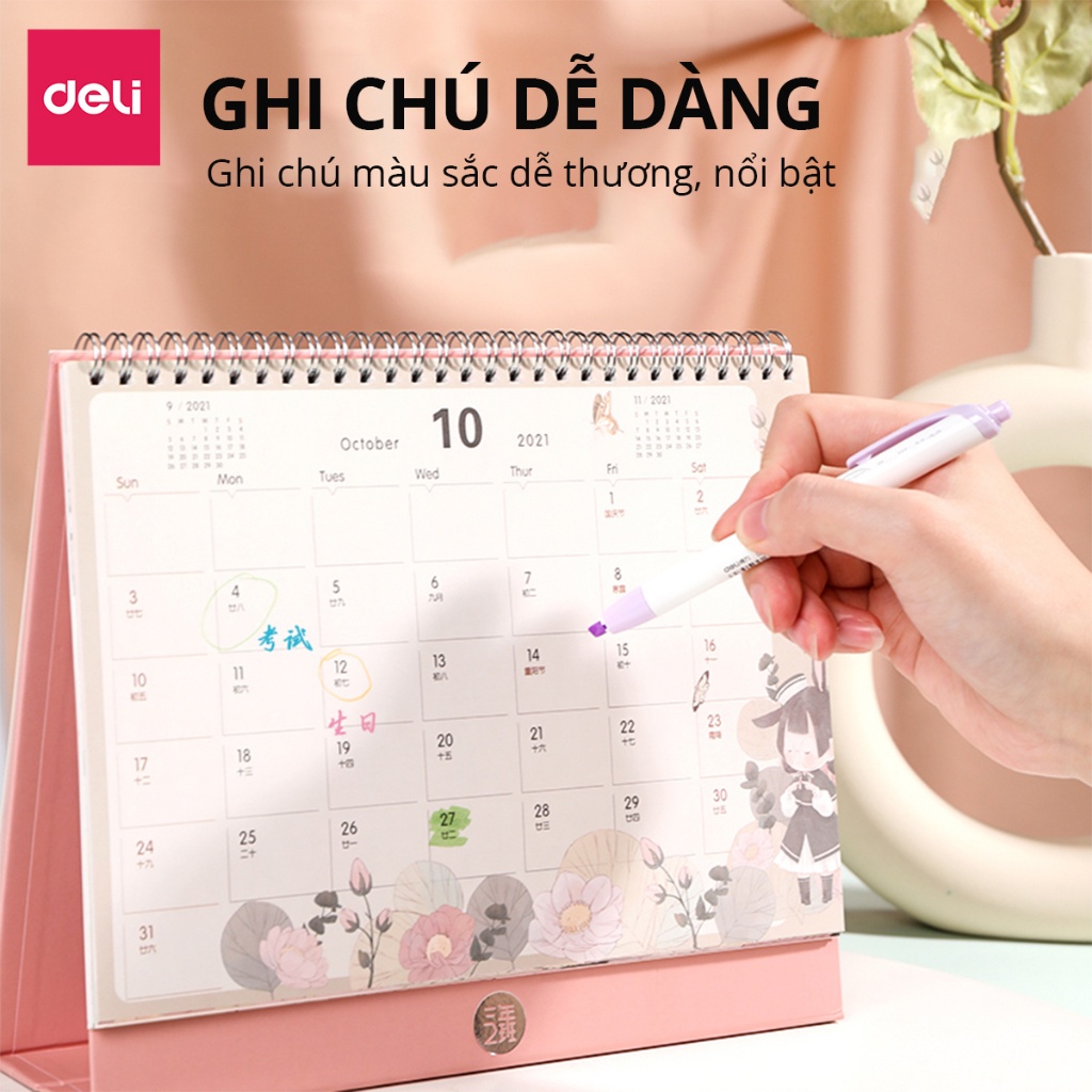 Set 6 bút highlight dạng bấm nhớ dòng đánh dấu màu pastel tươi sáng cute Deli dạ quang tiện lợi cho học sinh văn phòng