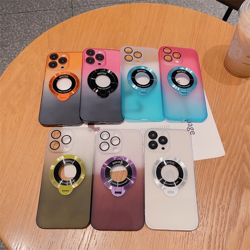 Micromatte translucency gradient kickstand case cho iphone 14 pro max / 14 pro / 13 pro max / 13 pro / 12 pro max / 12 pro full coverage anti-yellow stand holder cover