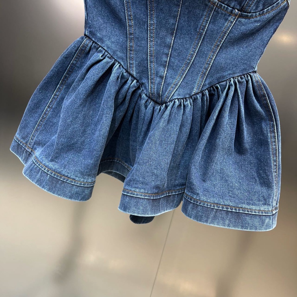 Áo Ống Vải Denim Mỏng Ôm Eo Cổ Chữ V Thời Trang Mùa Hè Âu Mỹ 2023