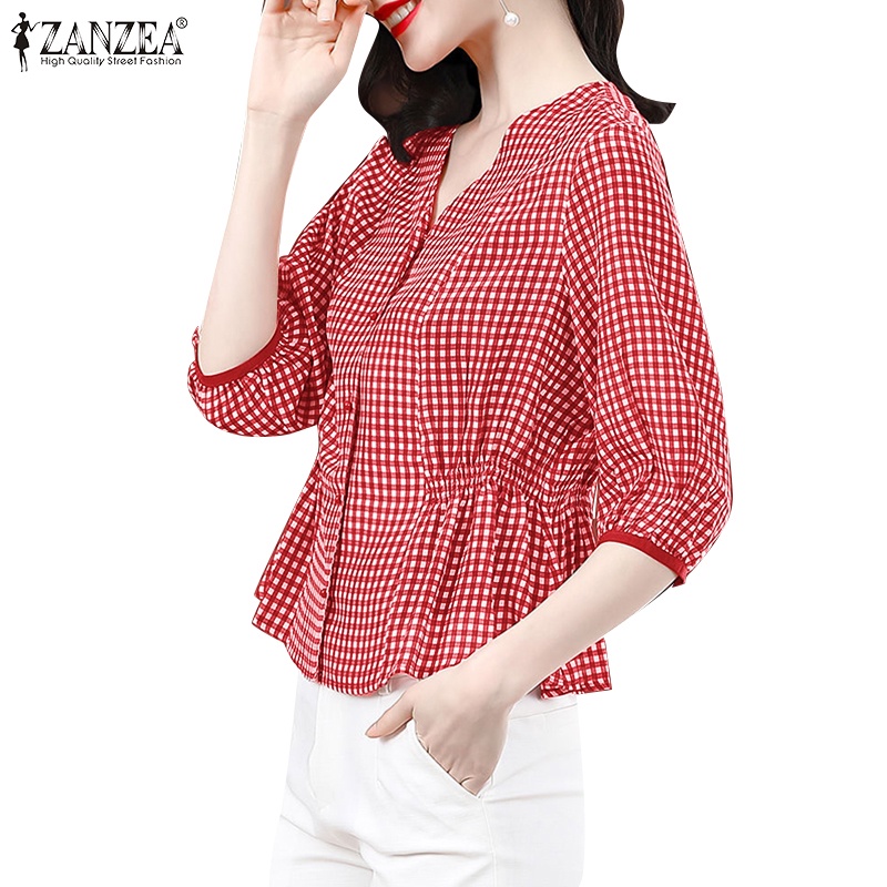 Áo sơ mi ZANZEA tay lửng cổ chữ V họa tiết ca rô thời trang dành cho nữ