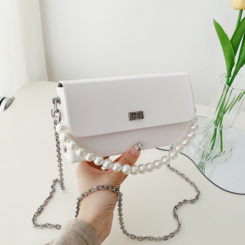 Ielgy Túi Đeo Chéo Vai Hình Chữ Nhật Dây Chuỗi Ngọc Trai Đơn Giản Màu Trơn Phong Cách Nghệ Thuật Cao Cấp Cho Nữ