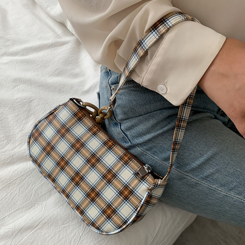 Fancy Túi Xách Đeo Vai Mini Họa Tiết Kẻ Sọc Phối Dây Xích Có Khóa Kéo Phong Cách Retro Dành Cho Nữ