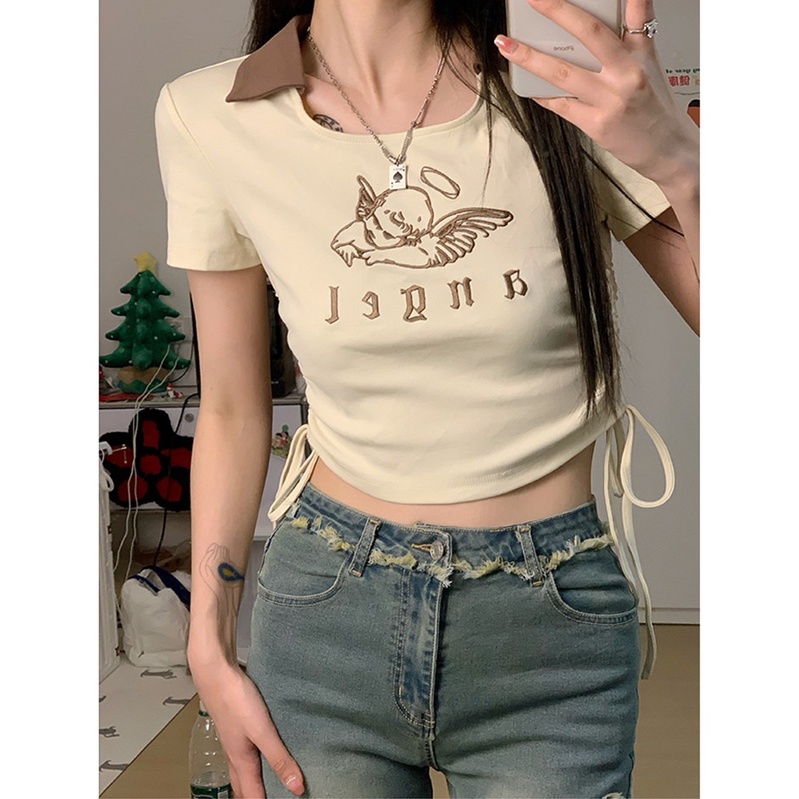 Áo polo Tay Ngắn Dáng Rộng In Họa Tiết Độc Đáo Phong Cách Hàn Quốc Thời Trang Cho Nữ