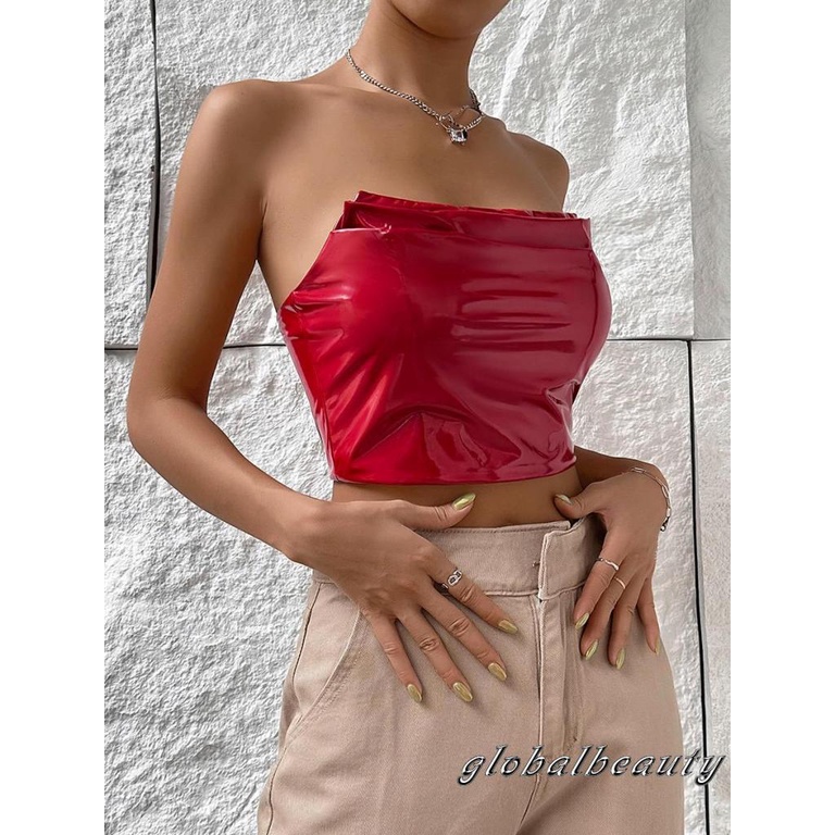 Áo Ống 00GB Bằng Da PU Màu Trơn Không Dây Quấn Ngực Có Khóa Kéo Thời Trang Mùa Hè Cho Nữ