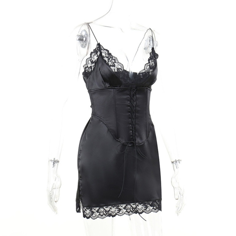 Đầm Ngủ Hai Dây Phối Ren Cổ Chữ V Hở Lưng Gợi Cảm Cho Nữ