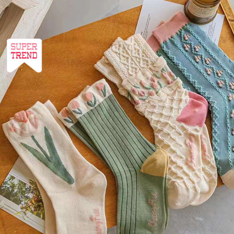 Vớ Cổ Trung In Họa Tiết Hoa Tulip Phong Cách Cổ Điển Thời Trang Cho Nữ