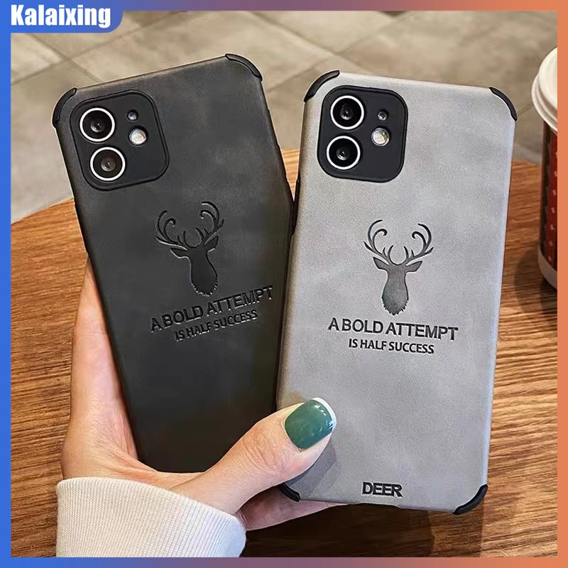 Ốp Điện Thoại Da Mềm Chống Rơi Họa Tiết Đầu Hươu Cho iPhone 14 Plus 13 Pro Max 12 Pro Max