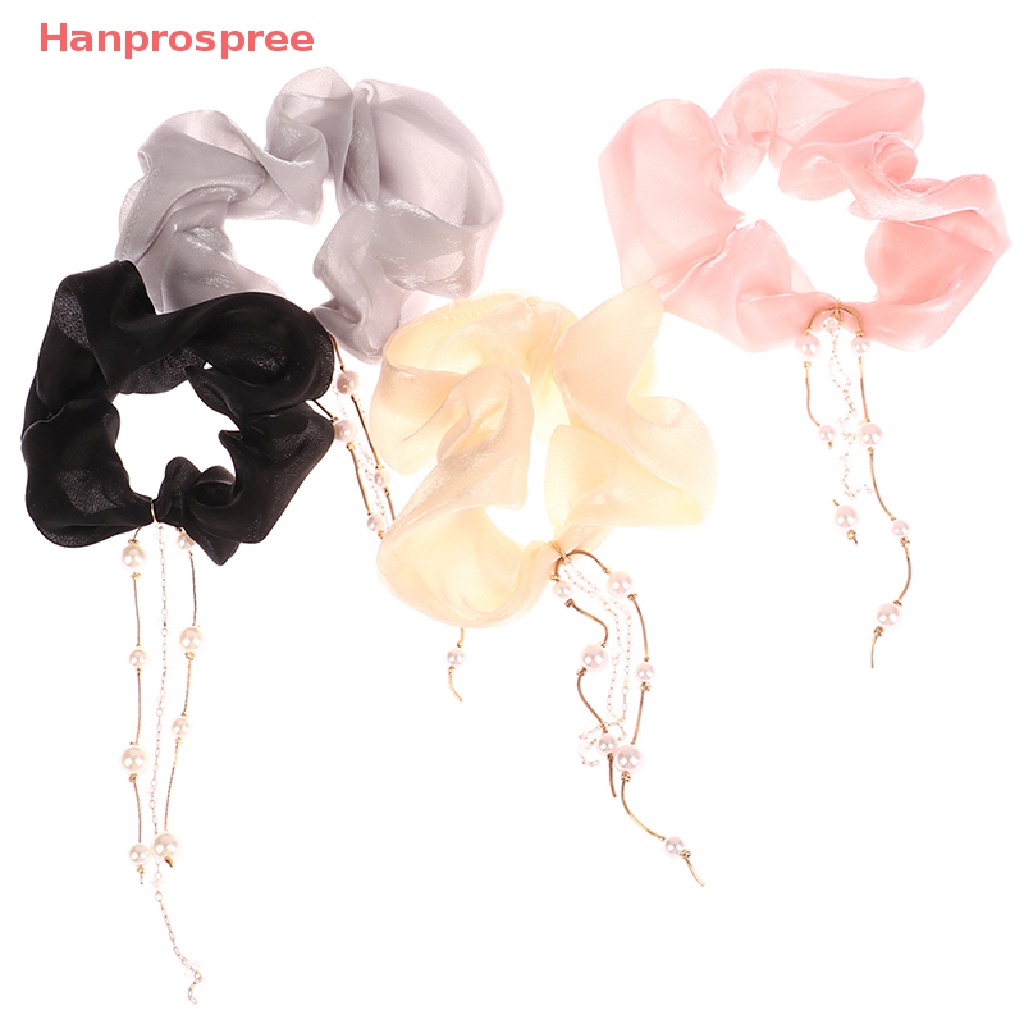 Dây Cột Tóc Chiffon Bản Lớn Đính Đá &amp; Ngọc Trai Phối Tua Rua Thời Trang Cho Nữ