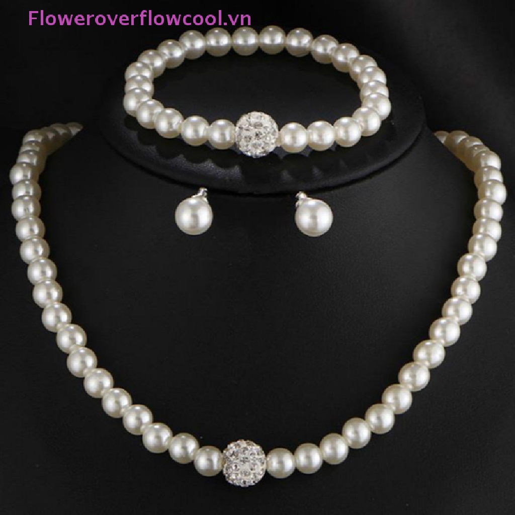 Bộ Trang Sức 3 Trong 1 Đính Ngọc Trai Nhân Tạo Thời Trang