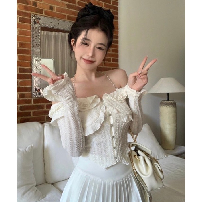 SET ÁO VẢI HỌA TIẾT NỔI GÀI NÚT BẸT VAI BÈO TAY DÀI + CHÂN VÁY XẾP LY ANGI HOME