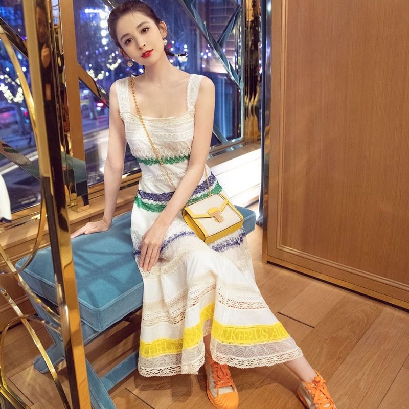 Đầm Dệt Kim Hai Dây Dáng Dài Không Tay Phối Ren Nhiều Màu Phong Cách Gulinaza Ngôi Sao Thời Trang Mùa Hè Mới Cho Nữ