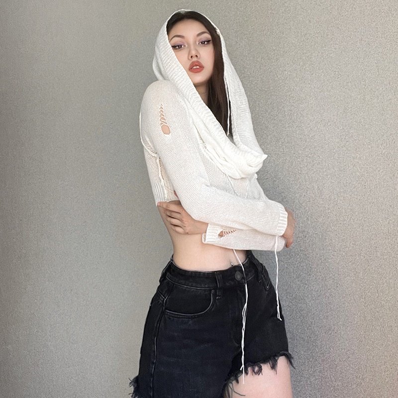 Áo Croptop Dệt Kim Tay Dài Có Mũ Trùm Thời Trang Cho Nữ