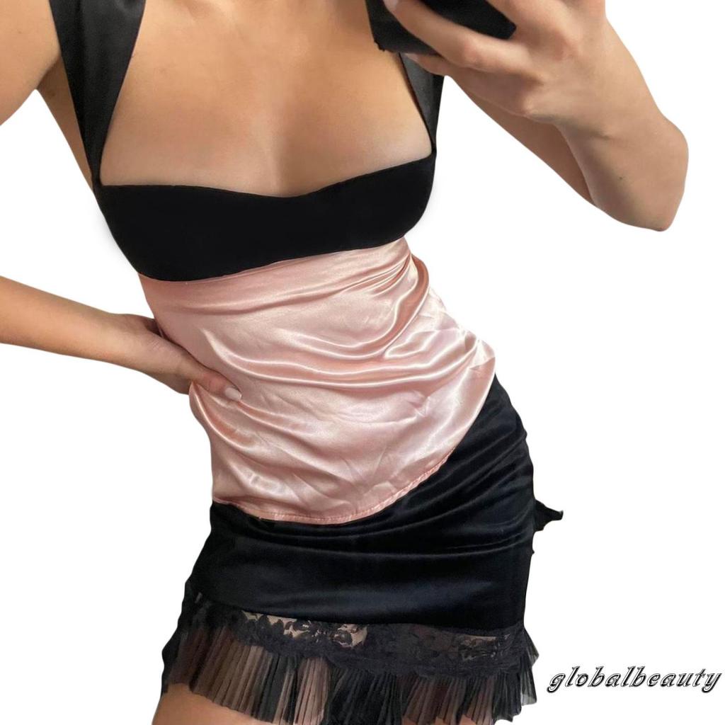 Áo Hai Dây Mùa Hè Cắt Thấp Hở Lưng Màu Tương Phản Cho Nữ