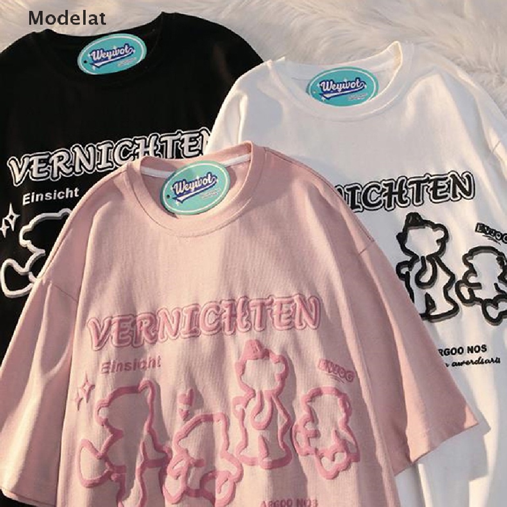 Áo Thun Tay Ngắn Cổ Tròn Dáng Rộng In Hình Gấu Kiểu Retro Mỹ Dễ Thương Cho Nữ