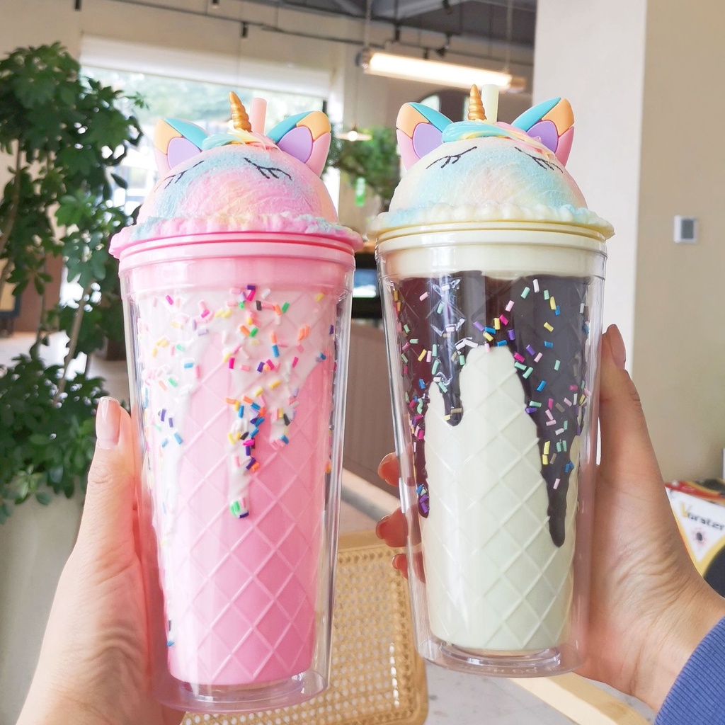 Ly Cốc Đựng Nước Hai Lớp Bằng Nhựa Có Nắp Đậy Hình Kỳ Lân Dễ Thương Thời Trang Mùa Hè
