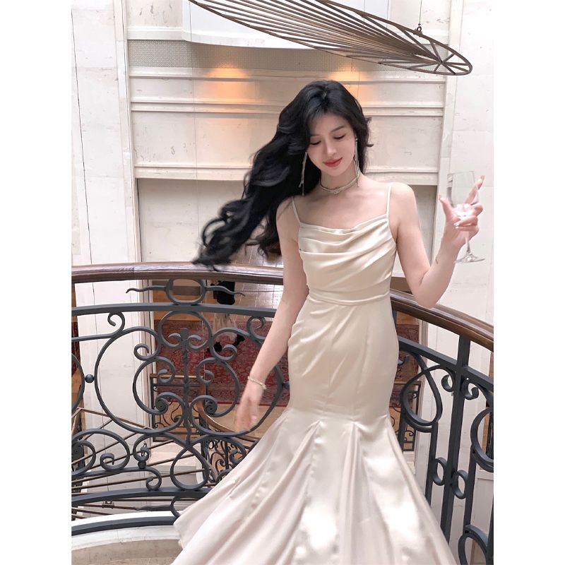 Đầm Đuôi Cá Hai Dây Bằng Vải Satin Nhún Bèo Phong Cách Pháp Thời Trang Mùa Hè