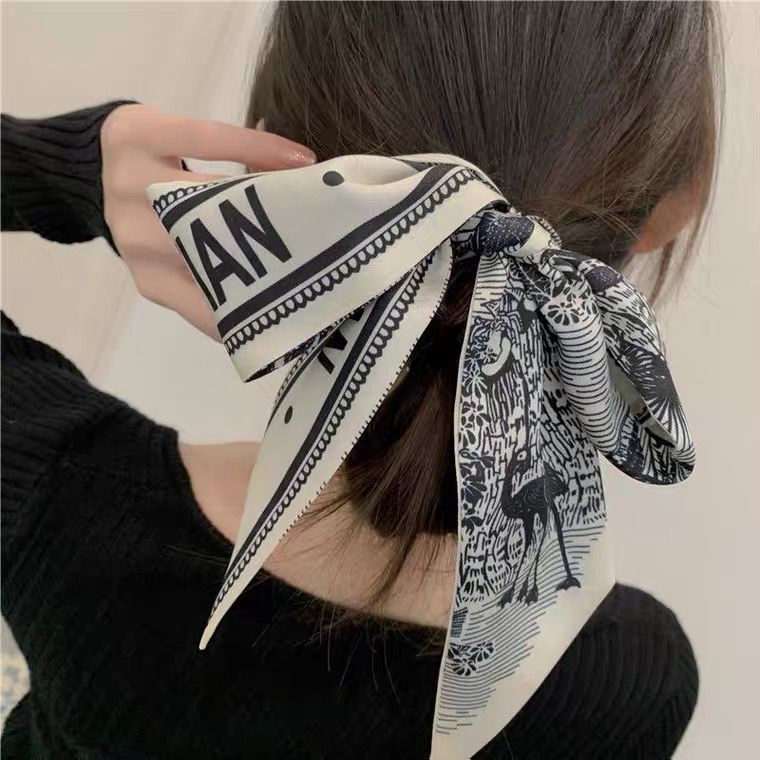 Khăn Choàng Lụa Cao Cấp Dáng Dài Hẹp In Chữ Đơn Giản Thanh Lịch Phong Cách retro Pháp Dễ Phối Đồ