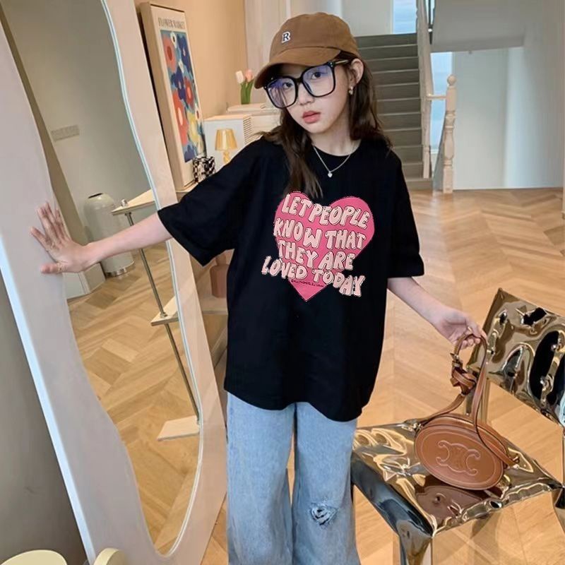 M & H ~  Áo Thun Cotton Ngắn Tay In Chữ Phong Cách Mới 2023 Cho Bé Gái