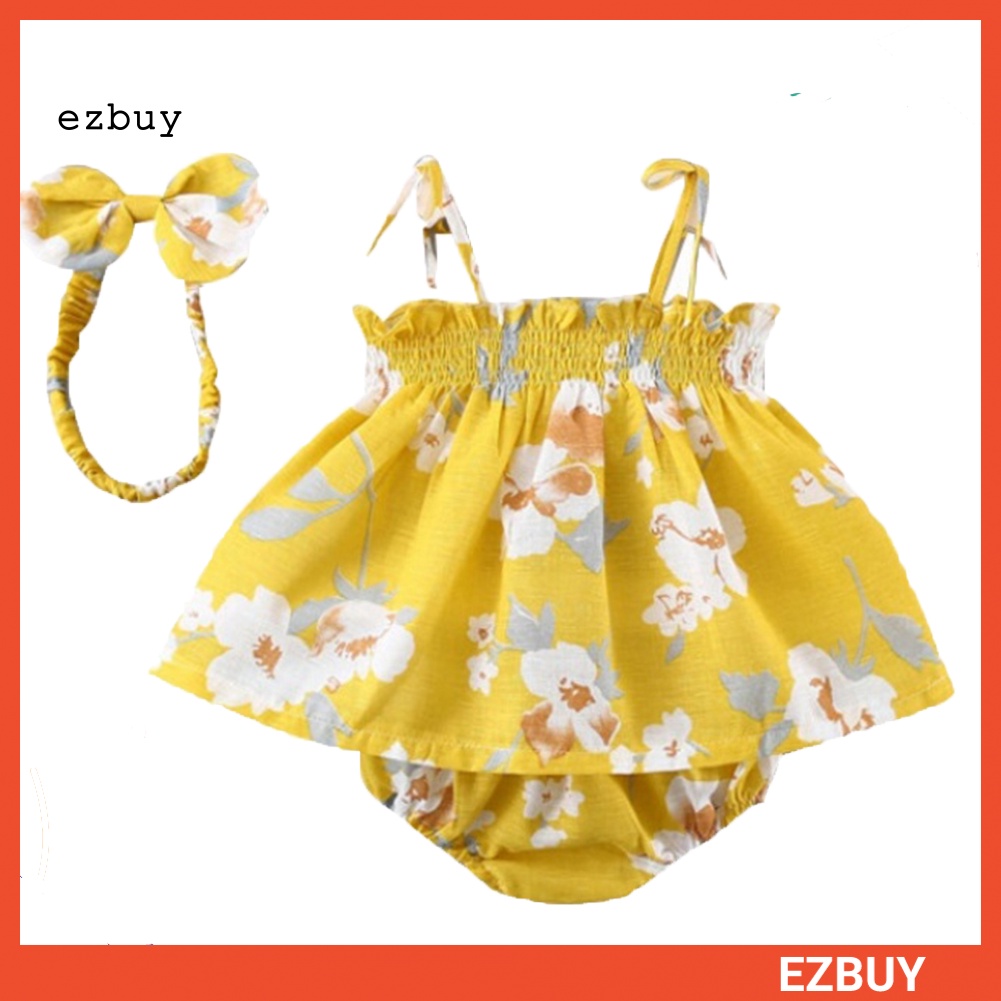 Set Đồ 3 Món Áo Thun Không Tay In Hoa + Quần Ngắn + Băng Đô Dành Cho Bé Gái