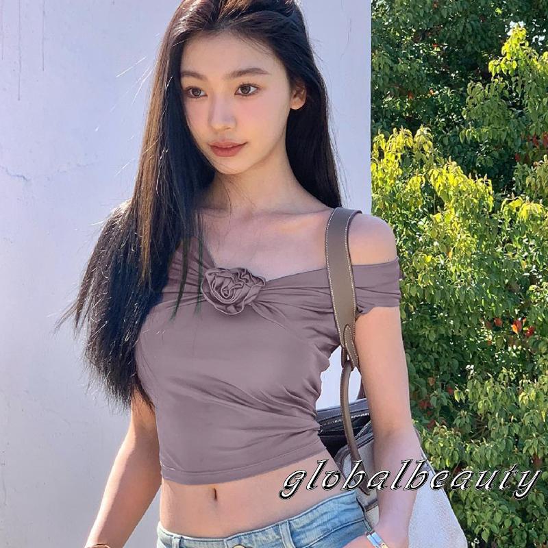 Áo Croptop Trễ Vai Tay Ngắn Màu Sắc Trơn Thời Trang Mùa Hè Cho Nữ