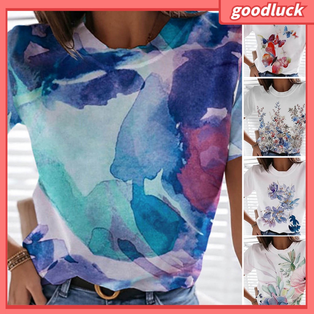 Áo Thun Cổ Tròn In Họa Tiết Hoa 3D Màu Nhuộm Thời Trang Cho Nữ
