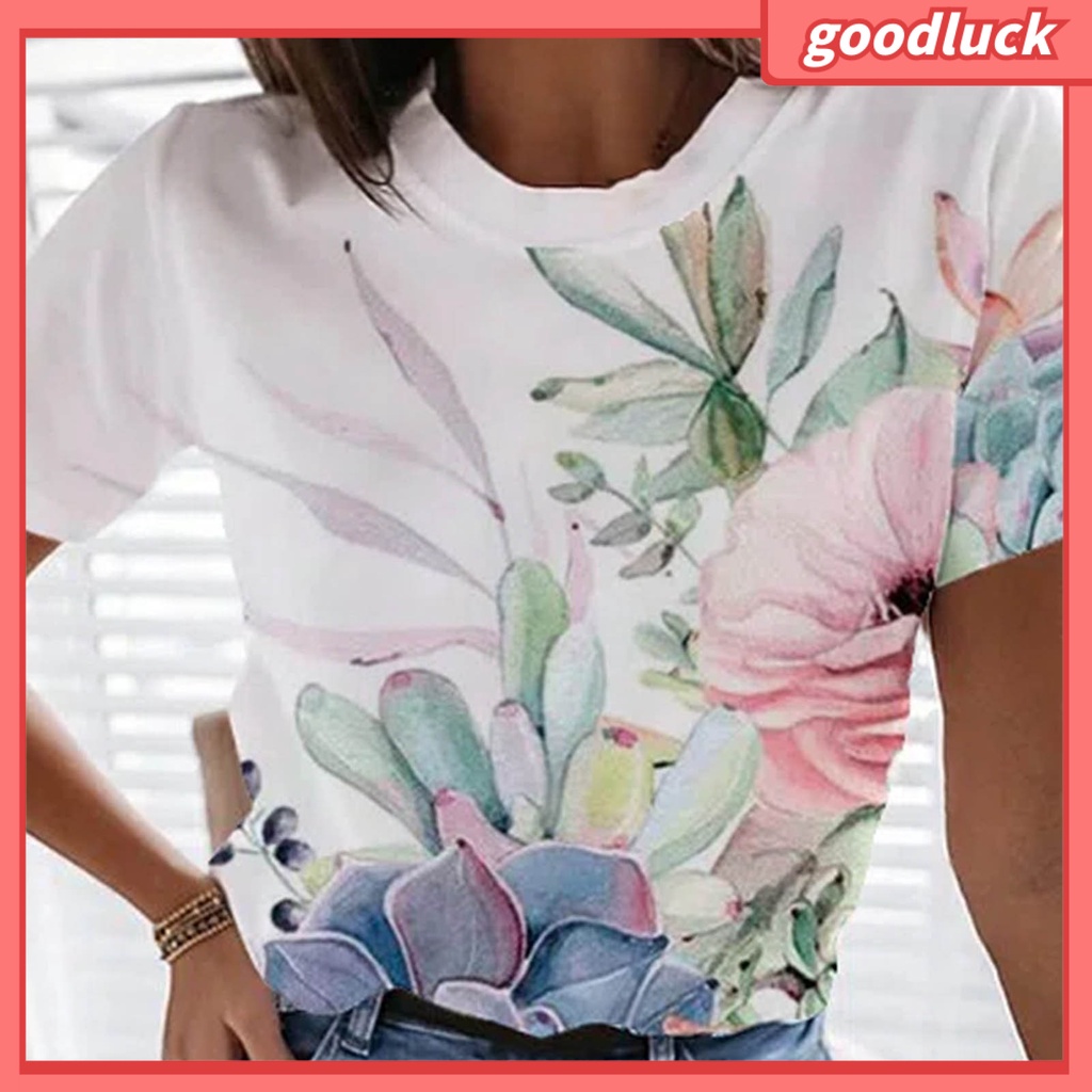 Áo Thun Cổ Tròn In Họa Tiết Hoa 3D Màu Nhuộm Thời Trang Cho Nữ