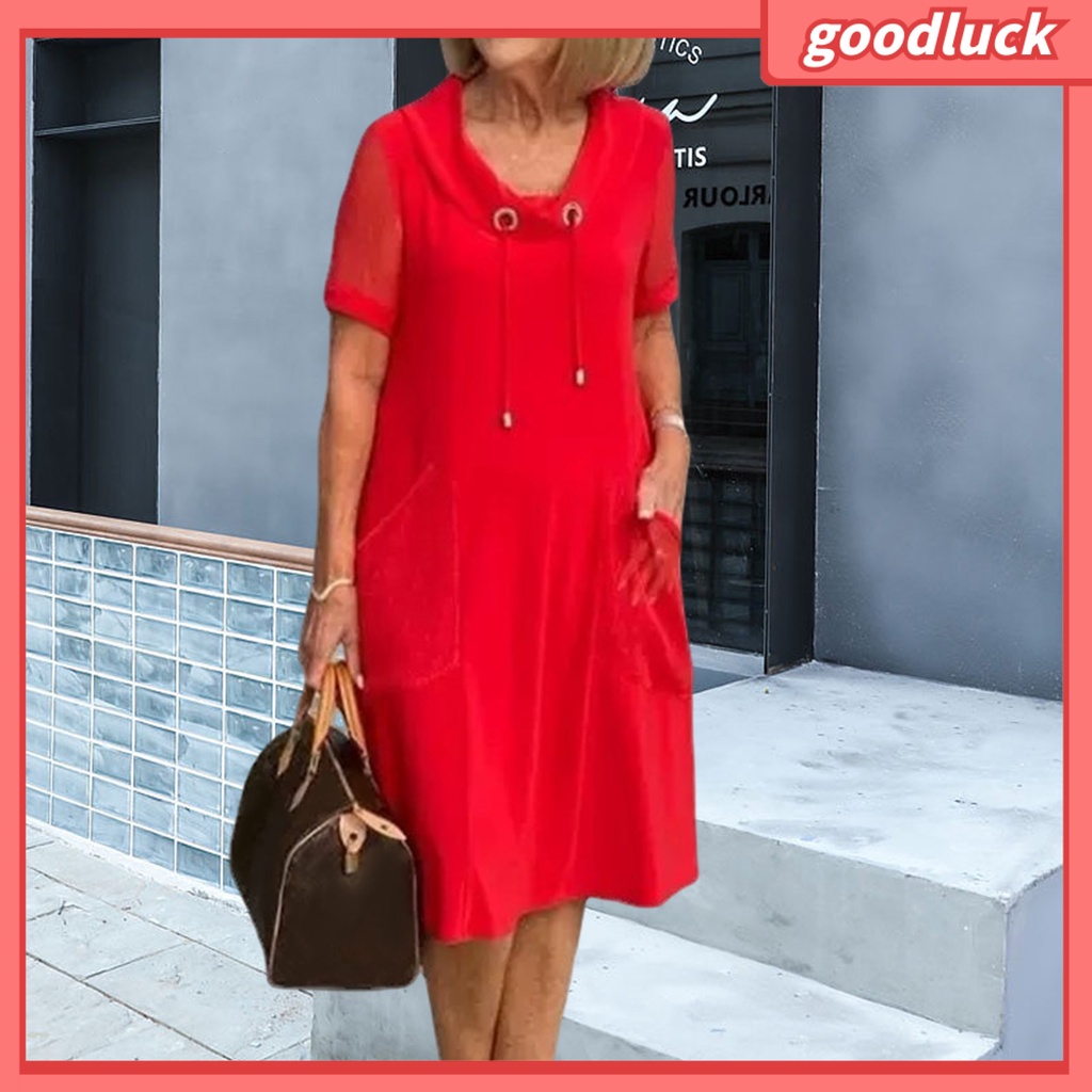 Đầm Tay Ngắn Cổ Tròn Phối Khăn Choàng Có Túi Màu Sắc Đơn Giản Thời Trang Mùa Hè Cho Nữ
