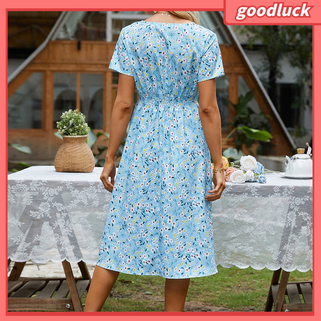 [ULK] Đầm Midi Tay Ngắn Cổ Chữ V Eo Co Giãn In Hoa Ngọt Ngào Mùa Hè Cho Nữ