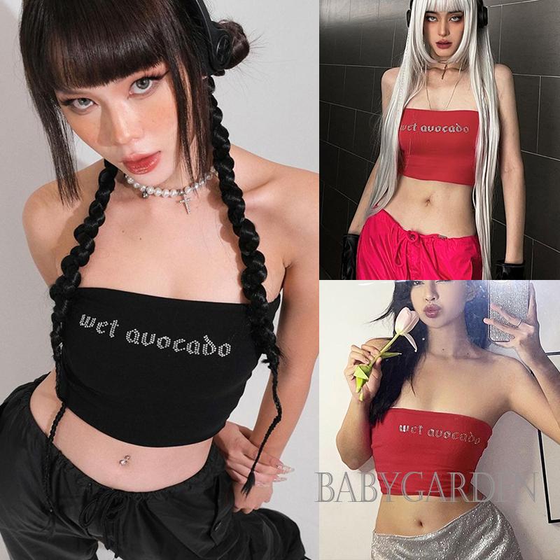 Áo Croptop Trễ Vai Không Dây Co Giãn In Chữ Đính Đá Thời Trang Mùa Hè Cho Nữ