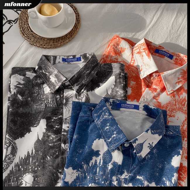 Áo Thun Lụa Lạnh Tay Ngắn Cổ Bẻ In Hình Phong Cảnh Phong Cách Retro Cho Nam Giới