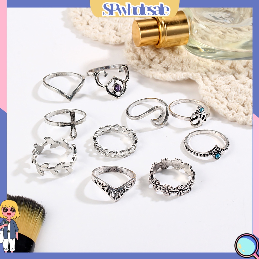 <SPwholesale> Bộ 10 Nhẫn Đeo Đốt Ngón Tay Kiểu Dáng Vintage Cho Nữ