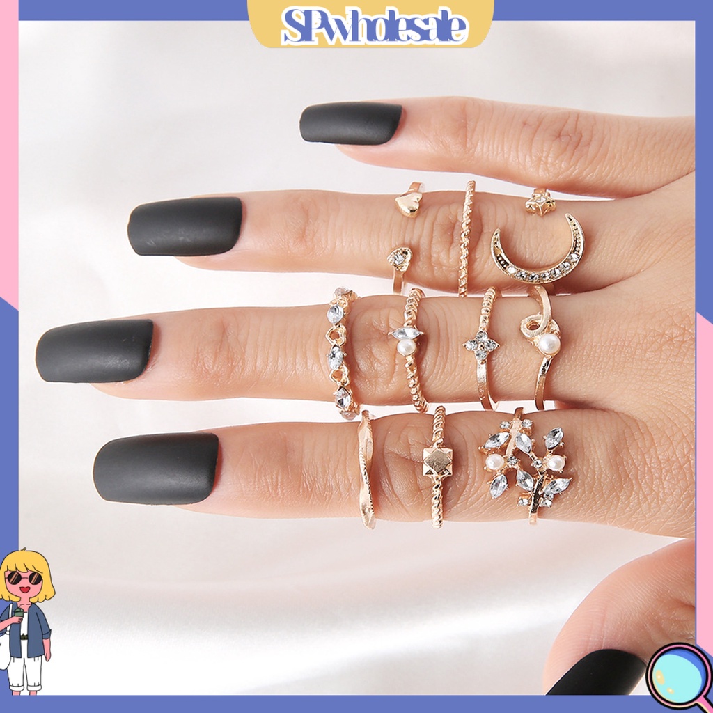 <SPwholesale> Set 10 Nhẫn Thời Trang Hình Học / Lá / Mặt Trăng / Trái Tim Không Phai Màu Trọng Lượng Nhẹ Cho Nữ