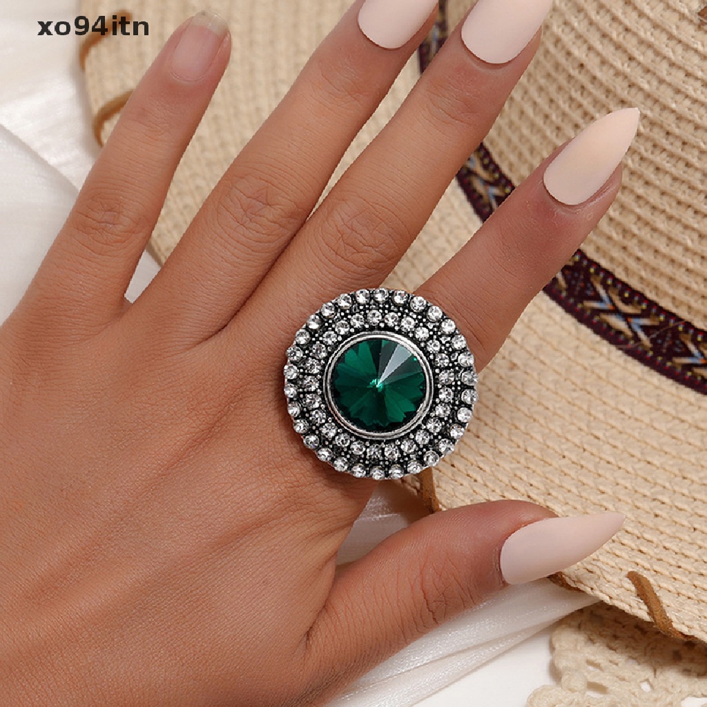 Nhẫn Nữ Mặt Tròn Lớn Đính Đá Pha Lê Phong Cách Boho Cổ Điển