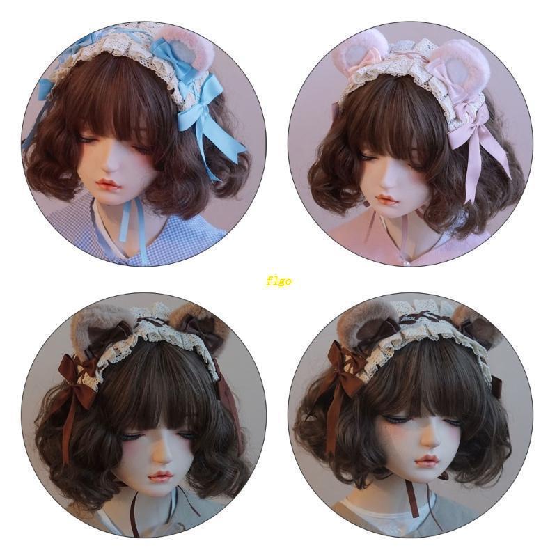 Flgo Băng Đô Cài Tóc Hình Tai Gấu Bằng Lông Nhung Xếp Ly Phối Ren Dành Cho Bé Gái