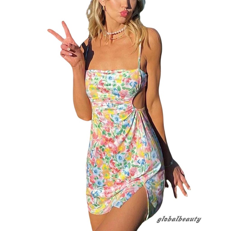 Gb-đầm Ôm Dáng Xẻ Tà Không Tay Cổ Thuyền In Họa Tiết Hoa Size S / M / L Cho Nữ