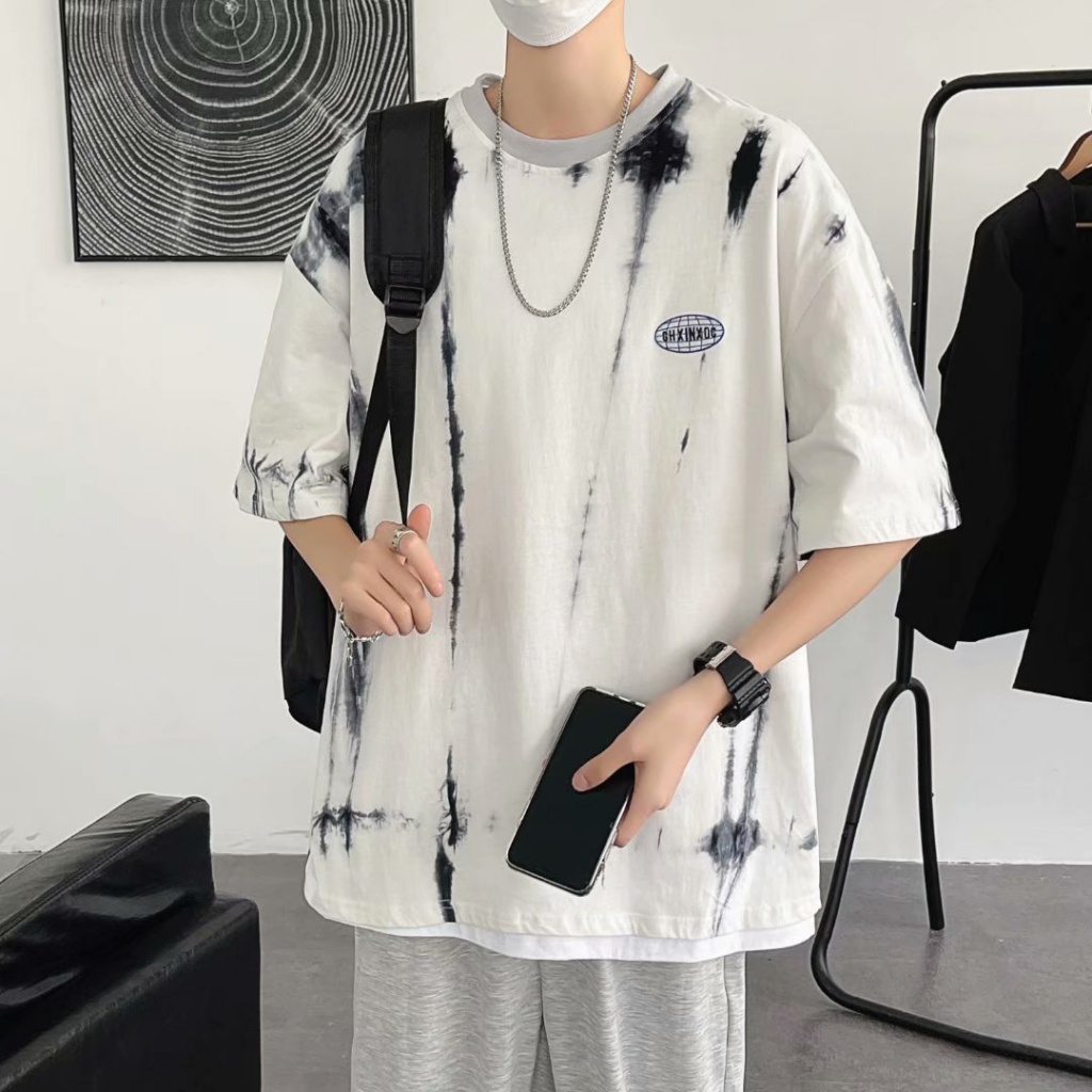 Áo Thun Tay Ngắn Dáng Rộng Màu Nhuộm Phong Cách Harajuku Hong Kong Thời Trang Cho Nam [Giao Hàng 24 Giờ]