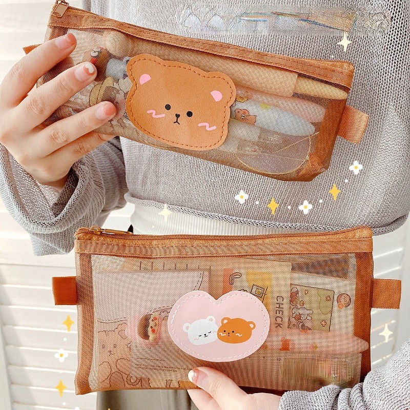 Túi Lưới Đựng Đồ Trang Điểm Họa Tiết Gấu Dễ Thương Phong Cách Nhật Bản