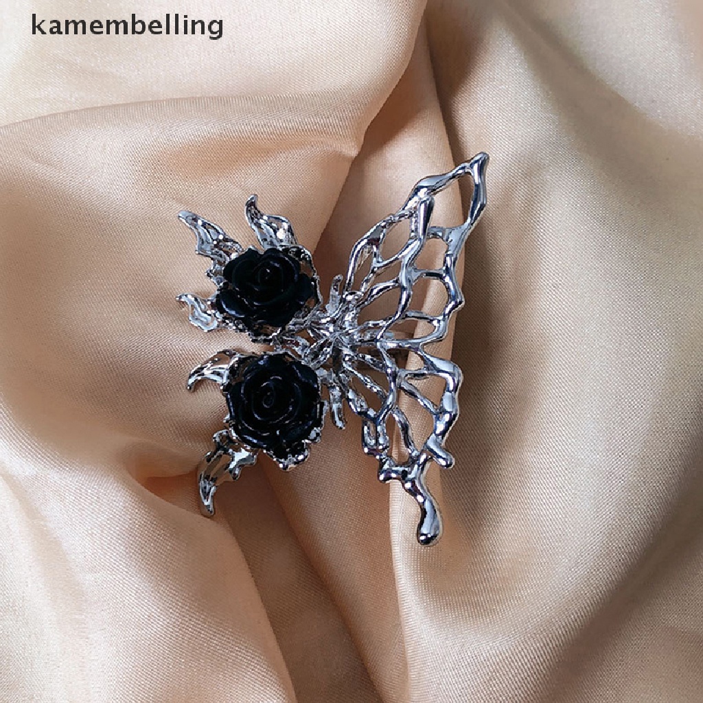 Kamembelling Nhẫn Kim Loại Dạng Mở Hình Bướm Hoa Hồng Đen Phong Cách Punk Vintage Có Thể Điều Chỉnh Làm Quà Tặng Trang Sức Cho Nữ