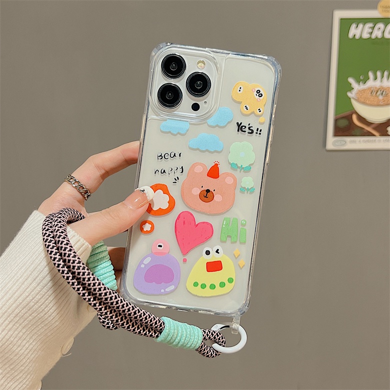 Ốp Điện Thoại Tpu Dẻo Trong Suốt Họa Tiết Hoạt Hình Đơn Giản Chống Sốc Kèm Dây Đeo Cho iphone 12 14 13 11 Pro Max