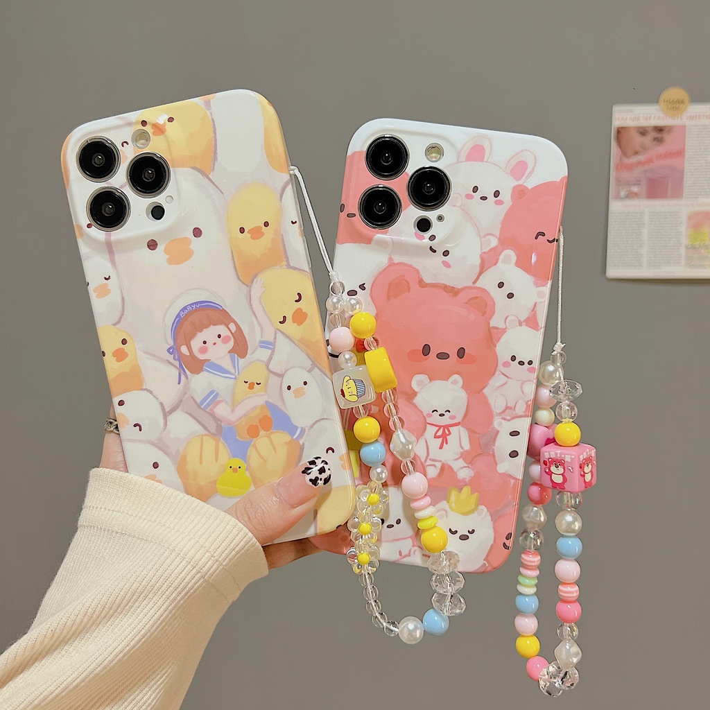 Ốp Điện Thoại TPU Dẻo Họa Tiết Gấu / Vịt / Dây Đeo Ngọc Trai Dễ Thương Cho iphone 14 13 11 12 Pro Max